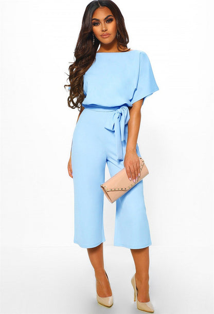 Bnoli | Summer Fashion Lace-Up Button Short-Sleeved Jumpsuit Breezy Charm Lace-Up Jumpsuit light blue