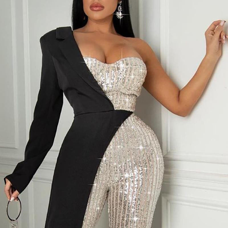 Bnoli | Glitz Glam Silver One-shoulder Jumpsuit black