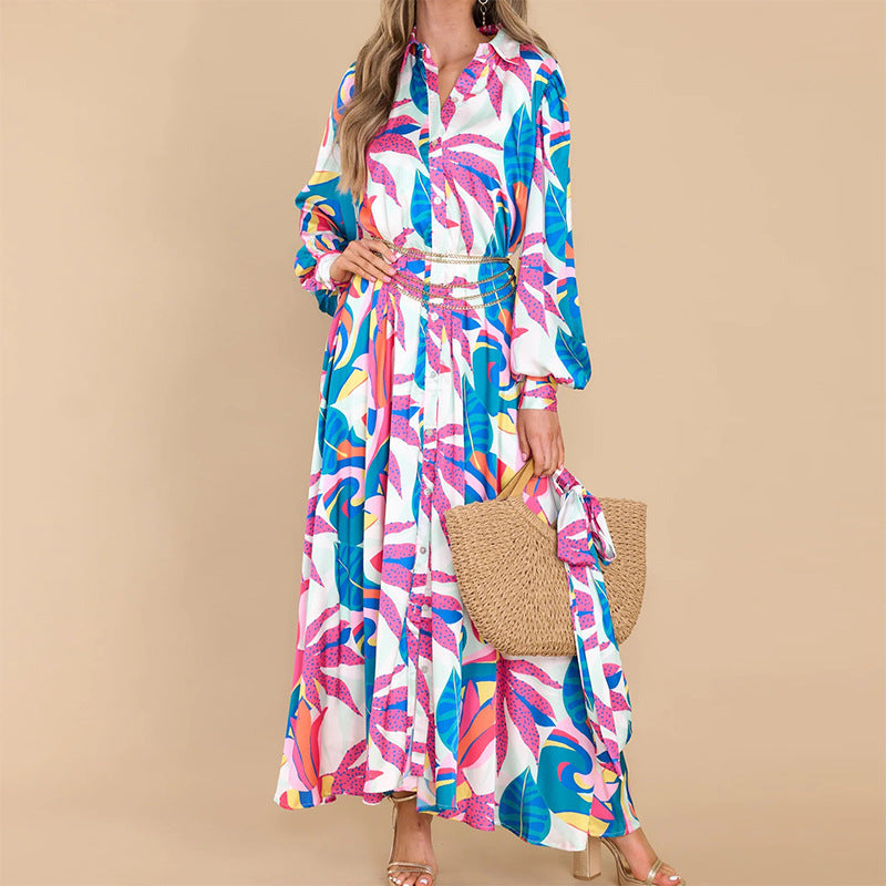 Bnoli | Printed Long-sleeved Polo Collar Oversized Hem Dresses