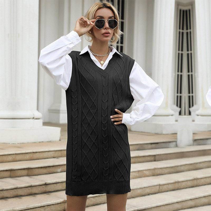 Bnoli | V-neck Vest Type Vest Knitted Sweater Dress black