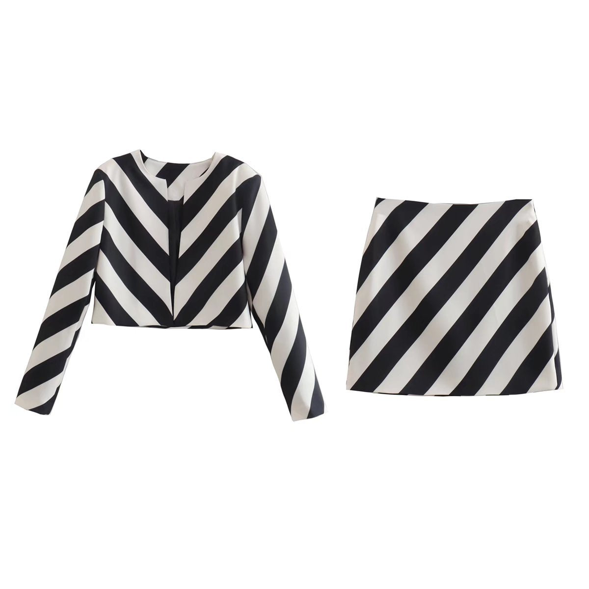 Bnoli | Fashion Striped Top Coat Sheath Skirt Suit Elegance Lines Ensemble black and white