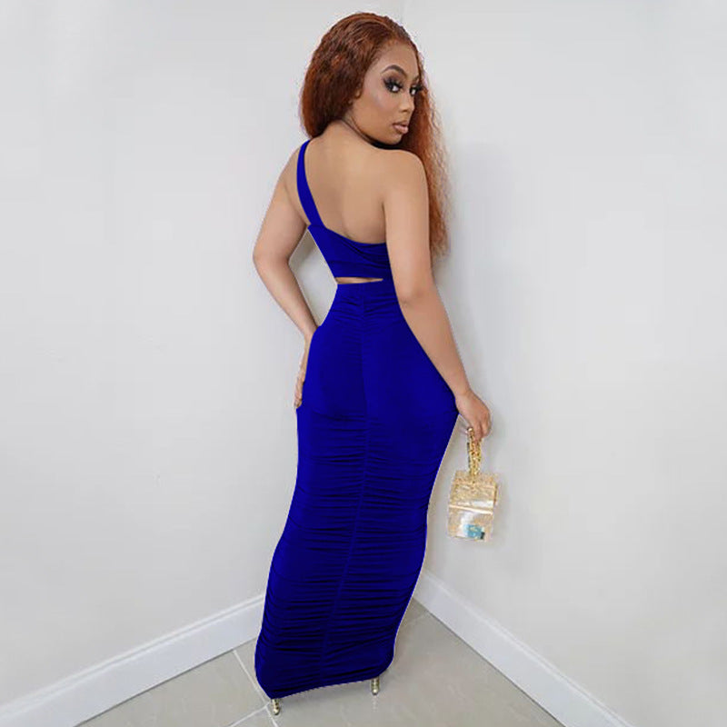 Bnoli | Hollow-out One-shoulder Pleated Two-piece Set blue