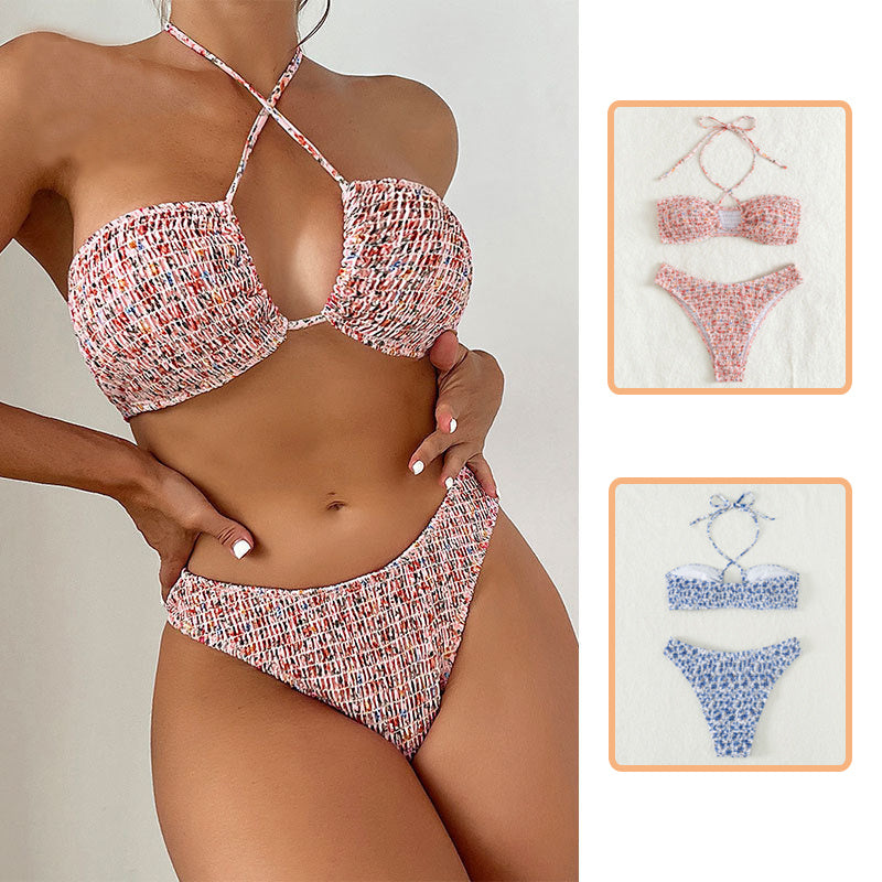 Floral Pleat Halter Bikini - Summer Flowers Bikini