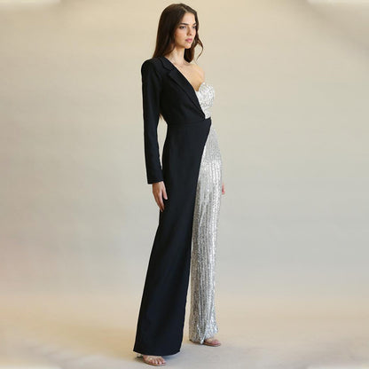 Bnoli | Glitz Glam Silver One-shoulder Jumpsuit black