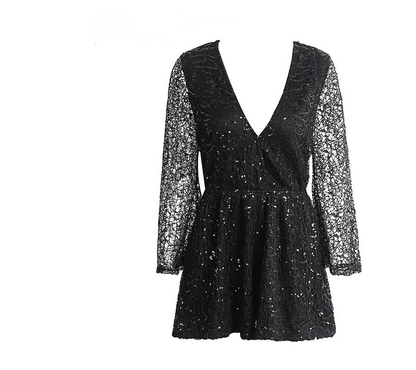 Bnoli | Deep v Long Sleeve Lace Rompers black