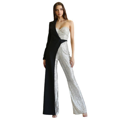 Bnoli | Glitz Glam Silver One-shoulder Jumpsuit black