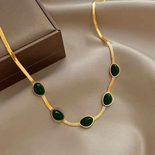 BohoBijou Green Stone Necklace - Fashion Jewelry Green Stone Crytal Snake Chain