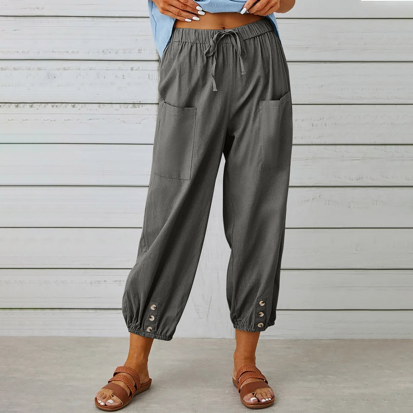 Breezy Linen Tie-Waist Pants - Women Drawstring Tie Pants