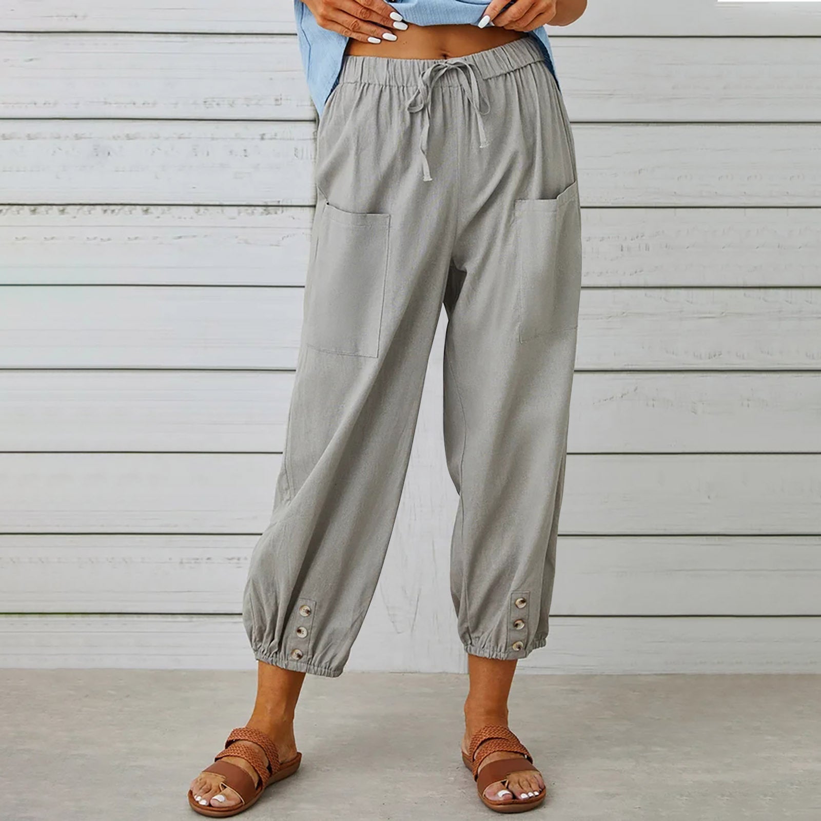 Breezy Linen Tie-Waist Pants - Women Drawstring Tie Pants