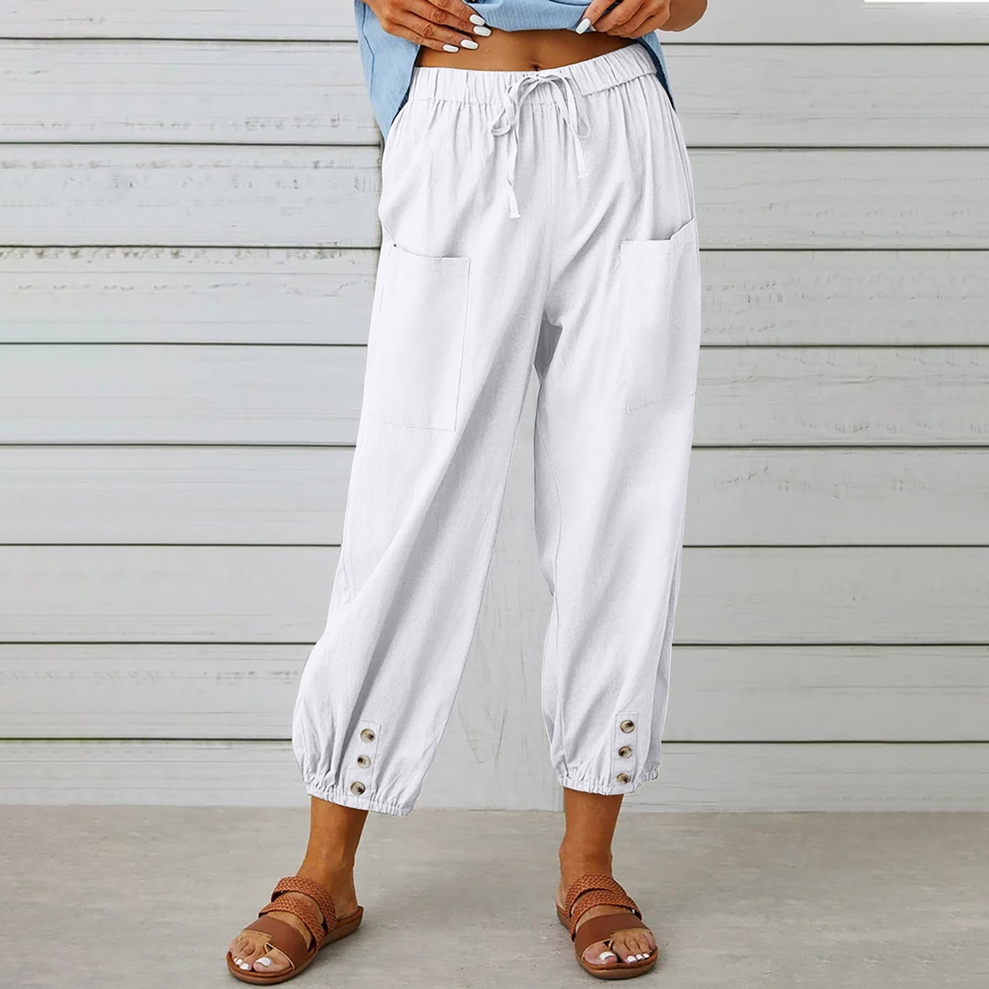 Breezy Linen Tie-Waist Pants - Women Drawstring Tie Pants