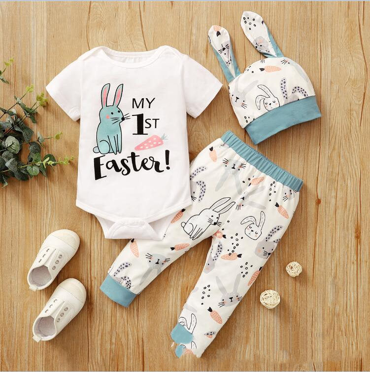 NYXIE HoppyFirst Easter Set - Easter Rabbit Romper Three Piece blue