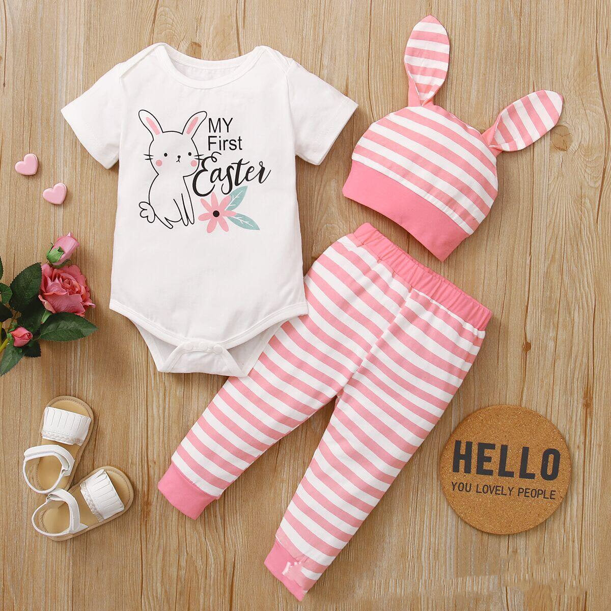 NYXIE HoppyFirst Easter Set - Easter Rabbit Romper Three Piece pink