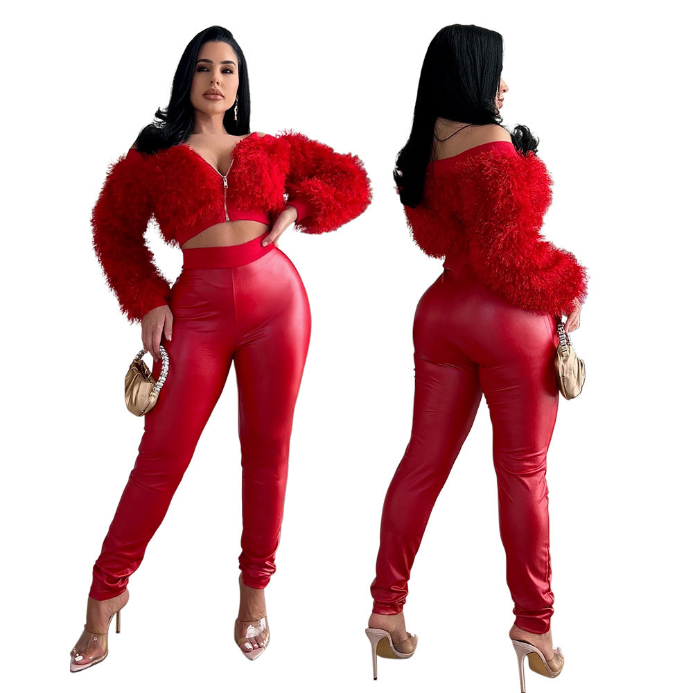 Bnoli | Long Sleeve Furry Short Top With Slim Trousers Two-piece Set red