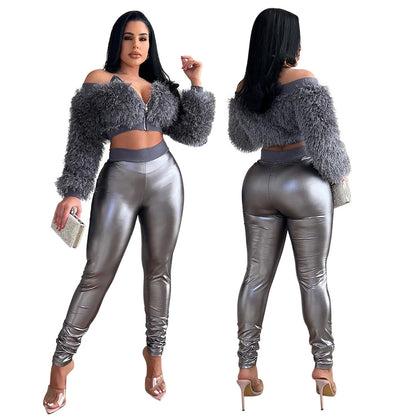 Bnoli | Long Sleeve Furry Short Top With Slim Trousers Two-piece Set gray