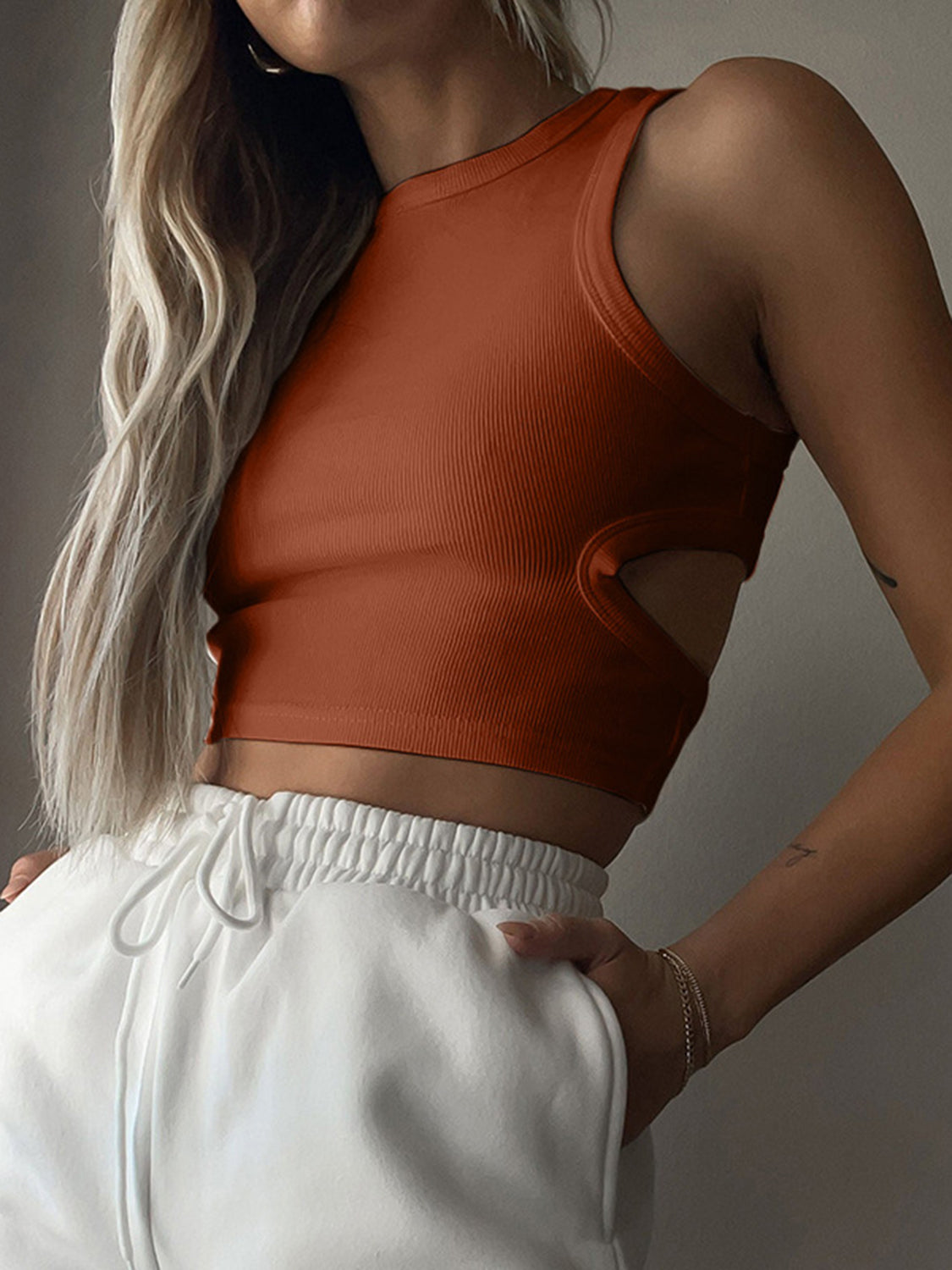 SleekSlice Round Neck Tank Cutout Round Neck Tank caramel