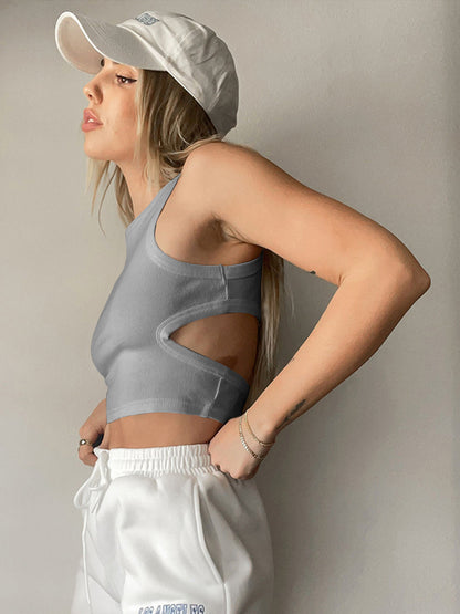 SleekSlice Round Neck Tank Cutout Round Neck Tank gray 