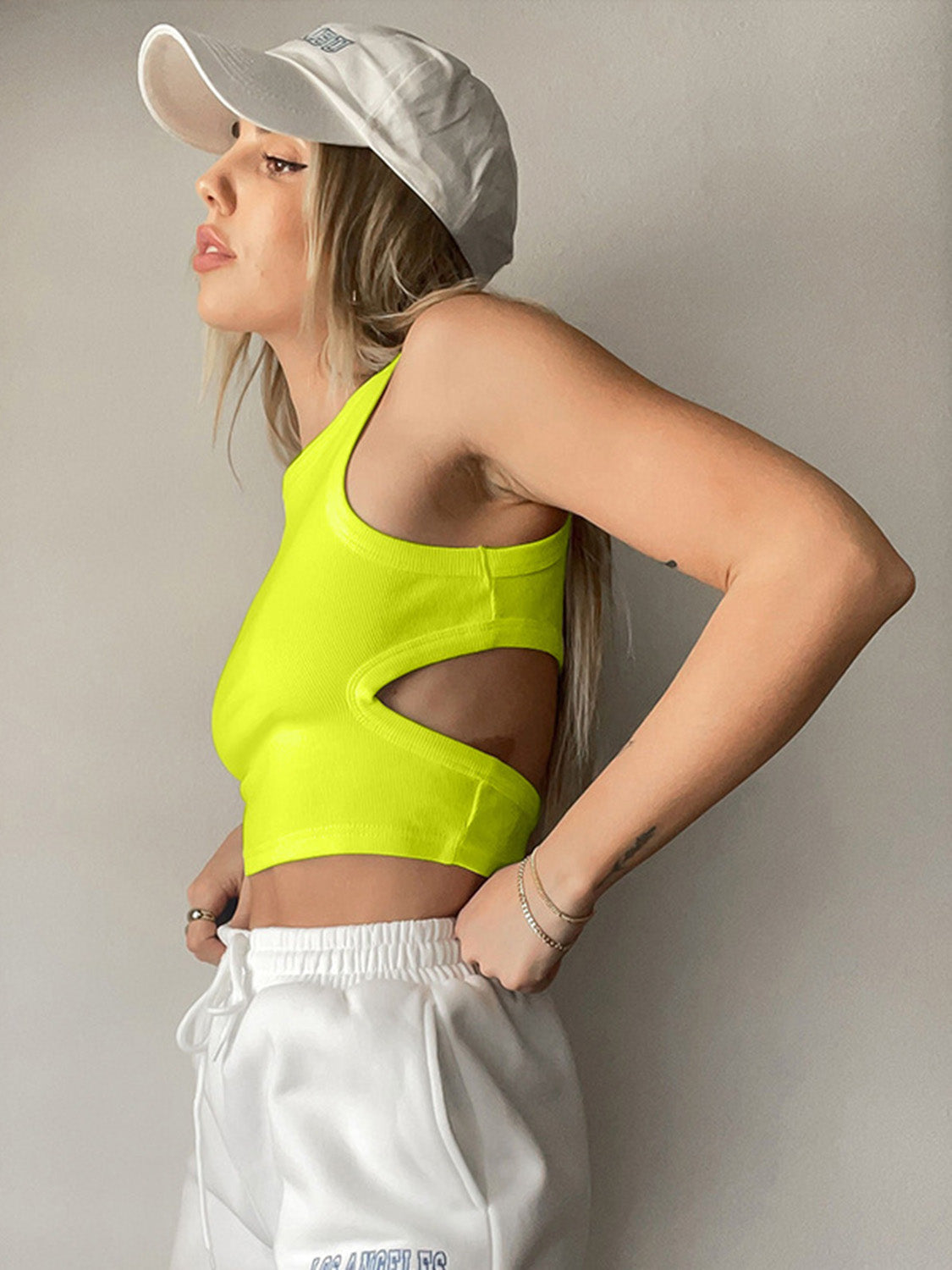 SleekSlice Round Neck Tank Cutout Round Neck Tank lemon