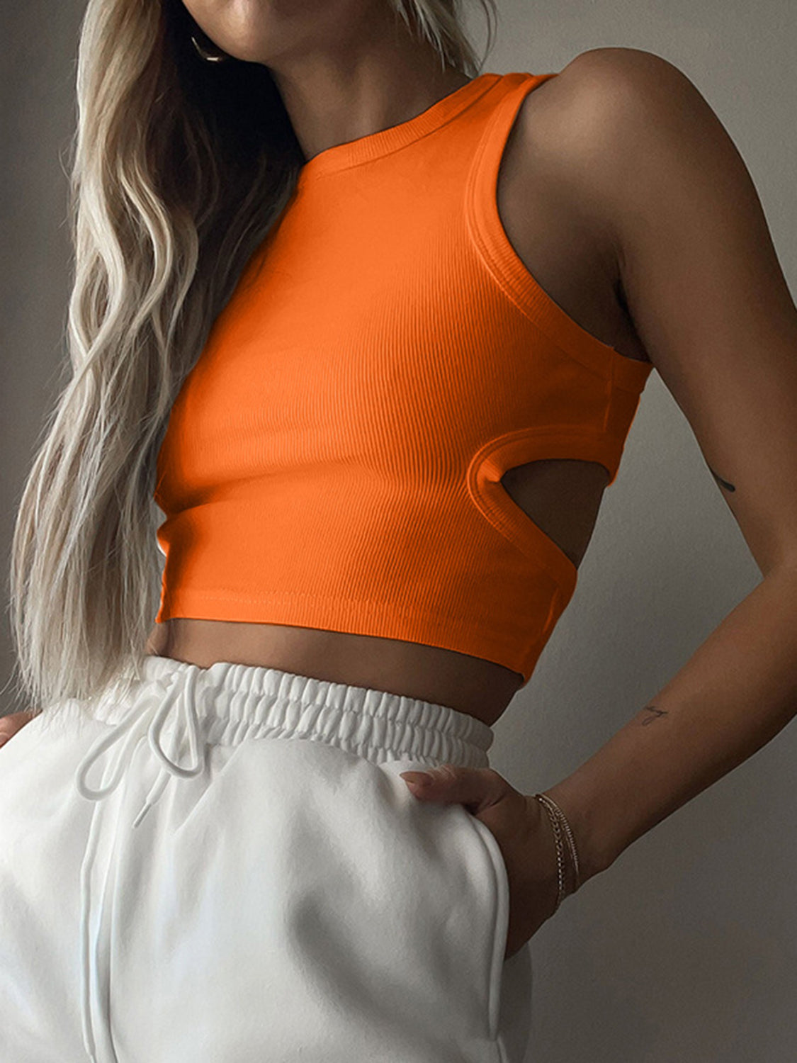 SleekSlice Round Neck Tank Cutout Round Neck Tank orange