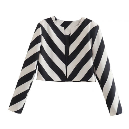 Bnoli | Fashion Striped Top Coat Sheath Skirt Suit Elegance Lines Ensemble black and white