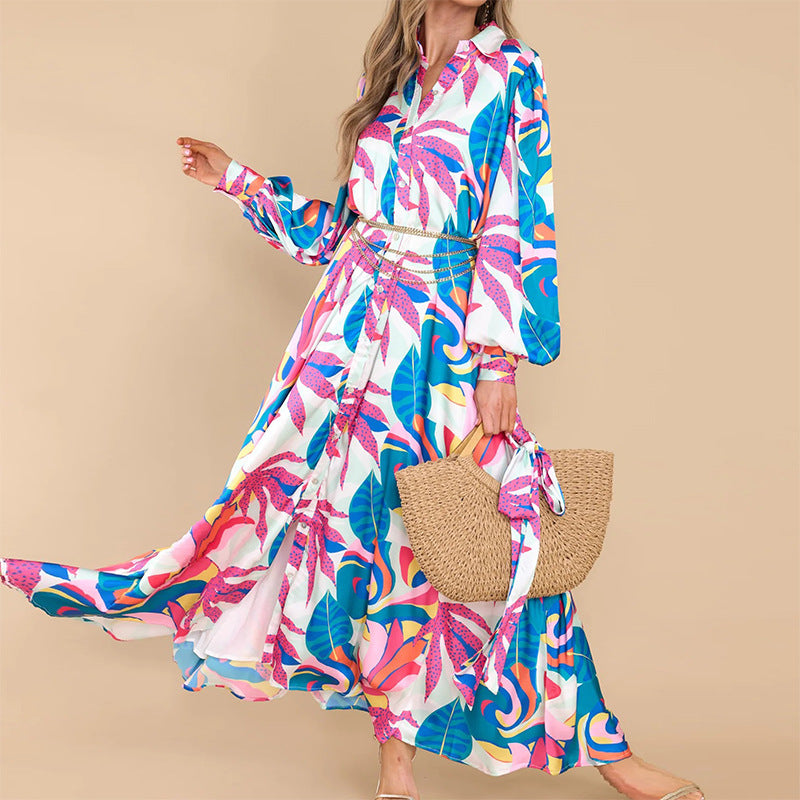 Bnoli | Printed Long-sleeved Polo Collar Oversized Hem Dresses