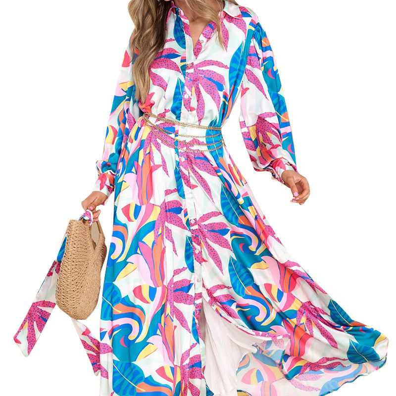 Bnoli | Printed Long-sleeved Polo Collar Oversized Hem Dresses