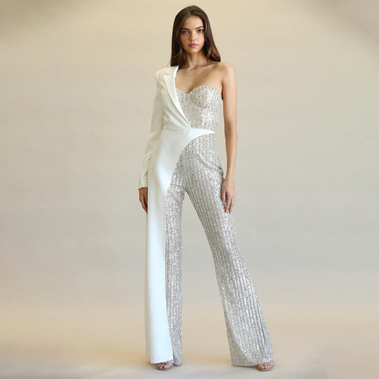 Bnoli | Glitz Glam Silver One-shoulder Jumpsuit white