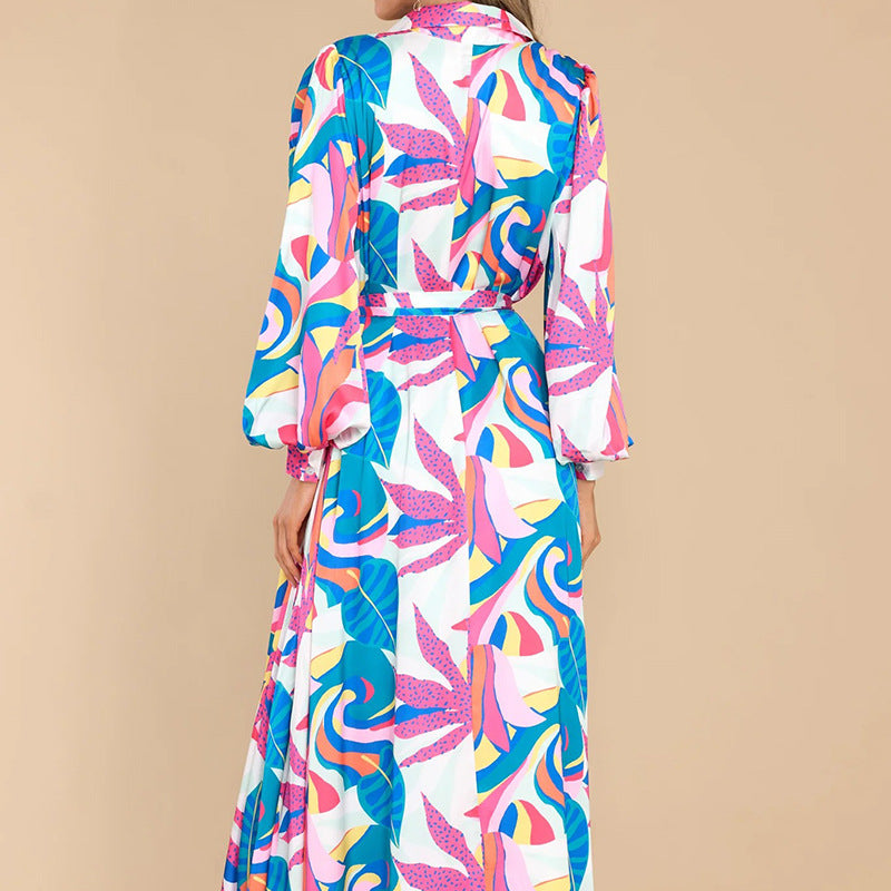 Bnoli | Printed Long-sleeved Polo Collar Oversized Hem Dresses